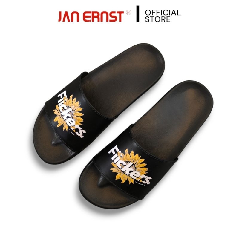 Jan Ernst - Sandal Pria Keren Distro Slop Slip On Rubber Karet Hitam Flickers