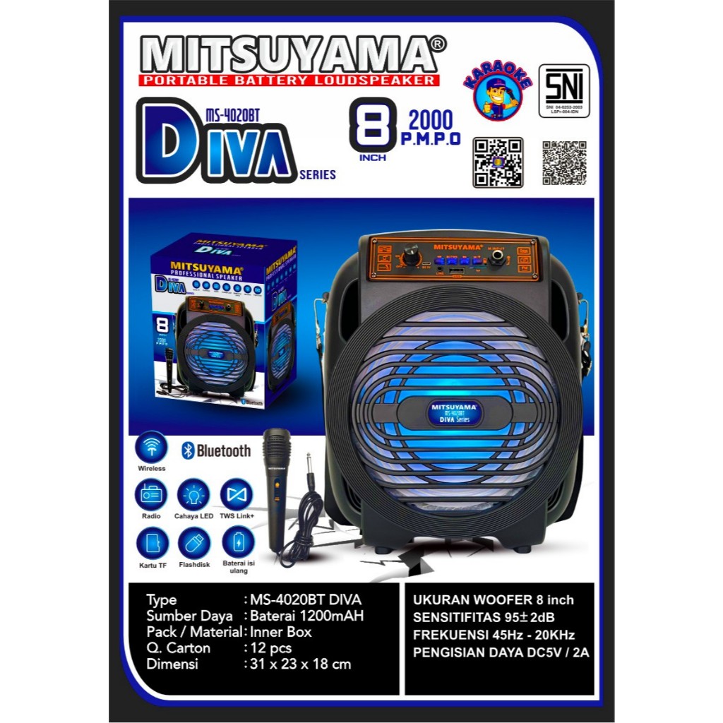 SPEAKER BLUETOOTH PORTABLE SERIES DIVA 8 INCH MITSUYAMA SPEAKER PORTABLE SPEAKER KARAOKE
