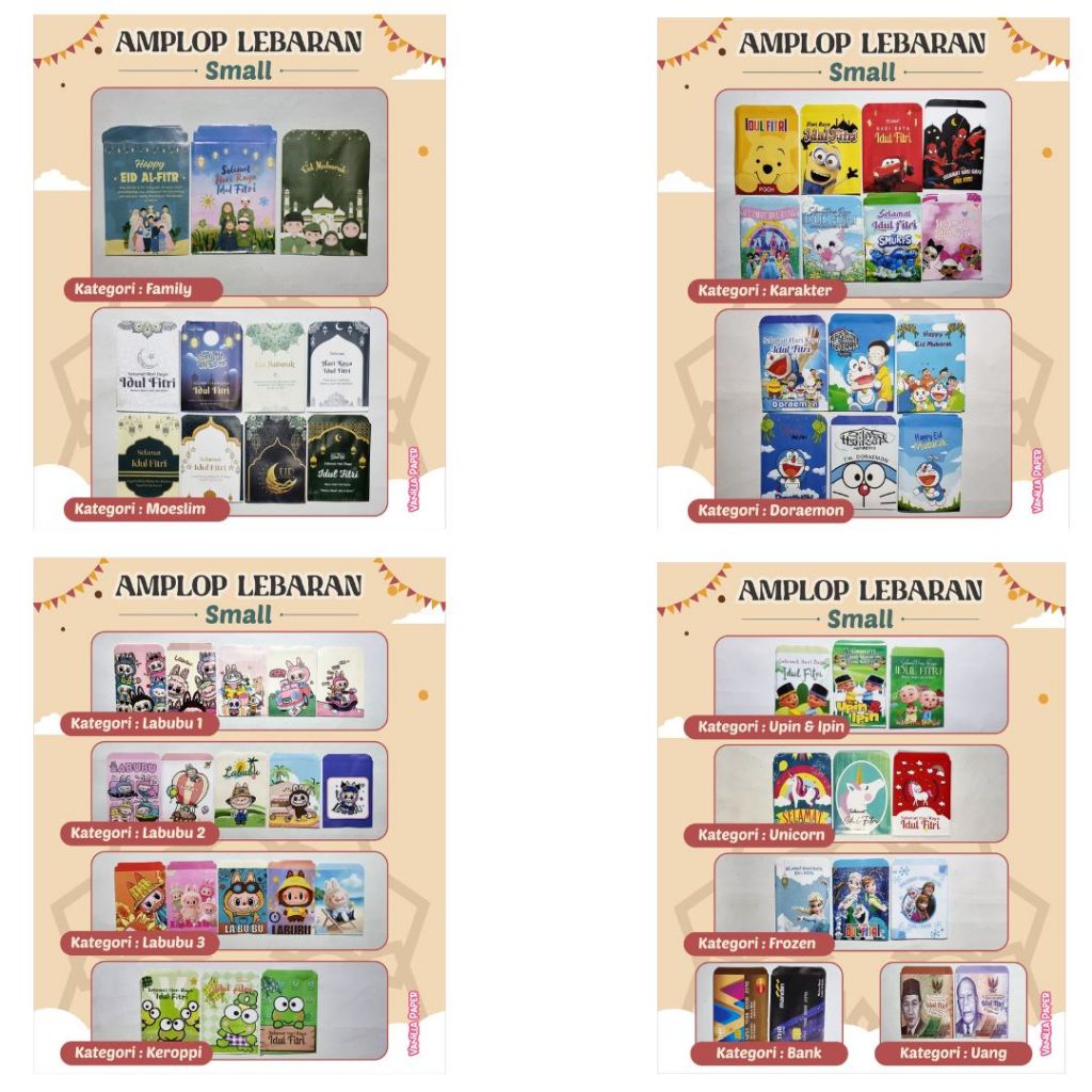 

PAKET USAHA (100 pack) amplop lebaran mini 2025 labubu kuromi islami karakter
