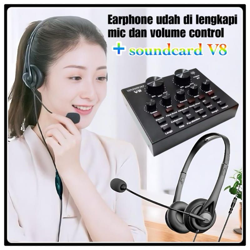 Paket Lengkap V8+S490 set sound card alat live streaming plus Headphone