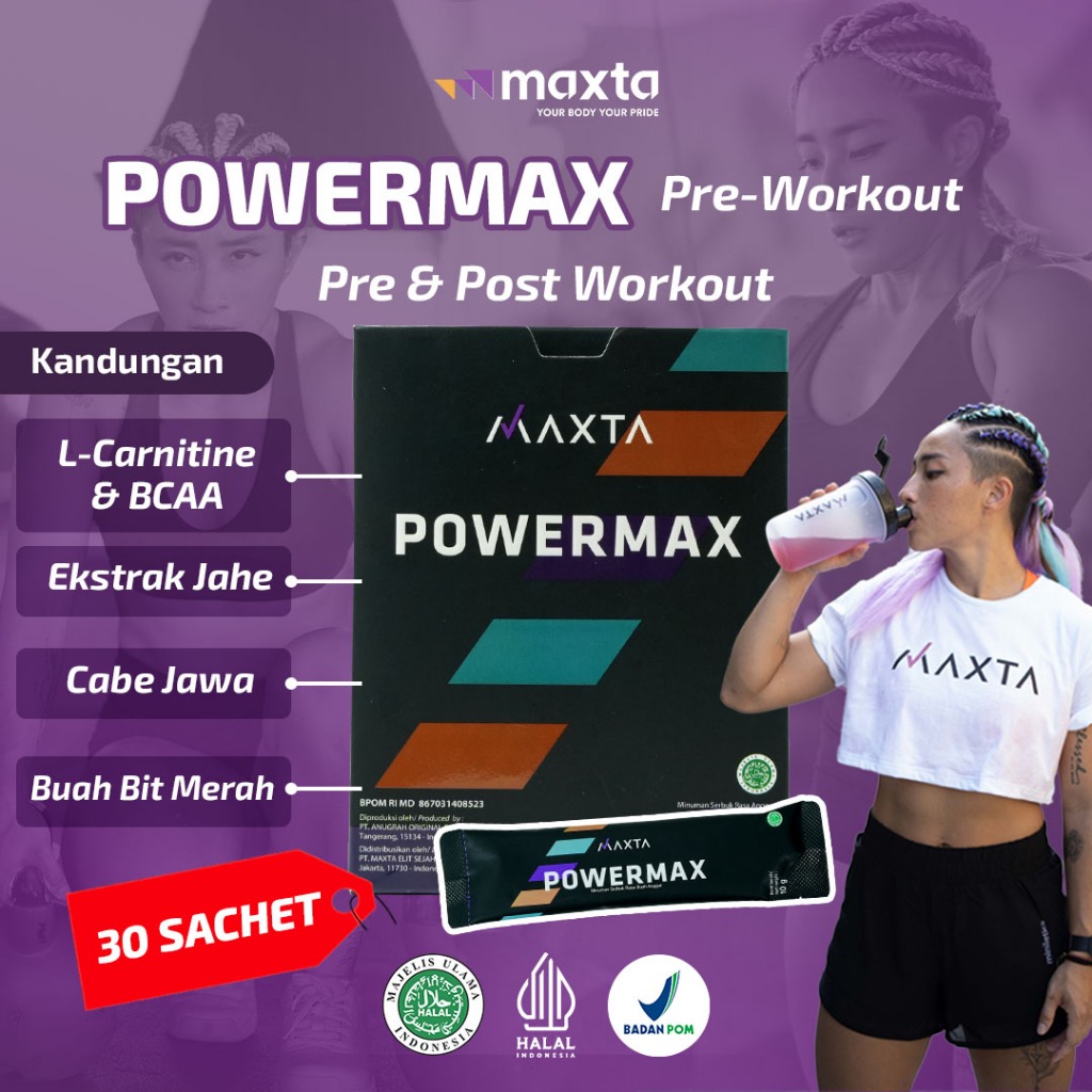 ORIGINAL PWO Natural Kafein MAXTA POWERMAX Pre Workout Suplemen Gym isi 30 x 10gr BPOM & HALAL