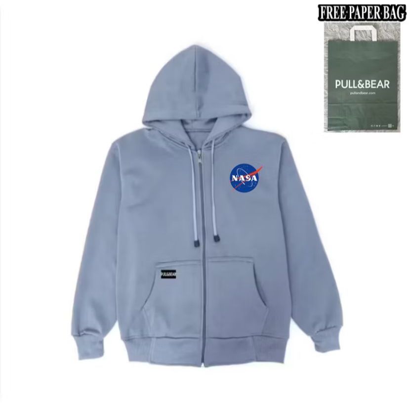 {FREE PAPER BAG} HOODIE ZIPPER DENIM PULL AND BEAR X NASA BASIC PRIA - WANITA PREMIUM QUALITY