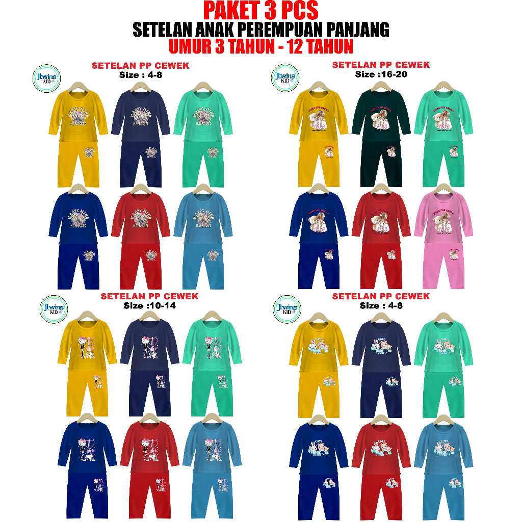 paket 3 pcs setelan baju anak cewek panjang baju anak panjang kaos anak panjang