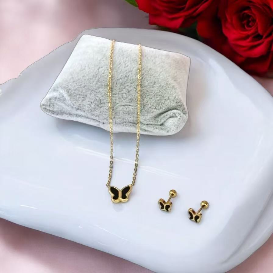 Set kalung wanita titanium lapis emas model Butterfly / Kupu-kupu putih/hitam
