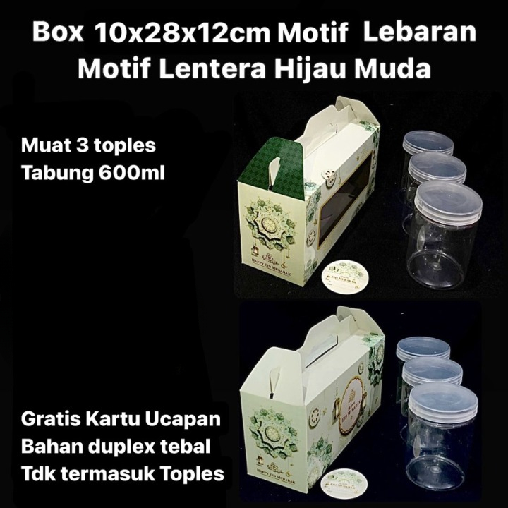 

Dus Jinjing Kemasan Toples Lebaran Hijau Muda 10x28x12 Cm
