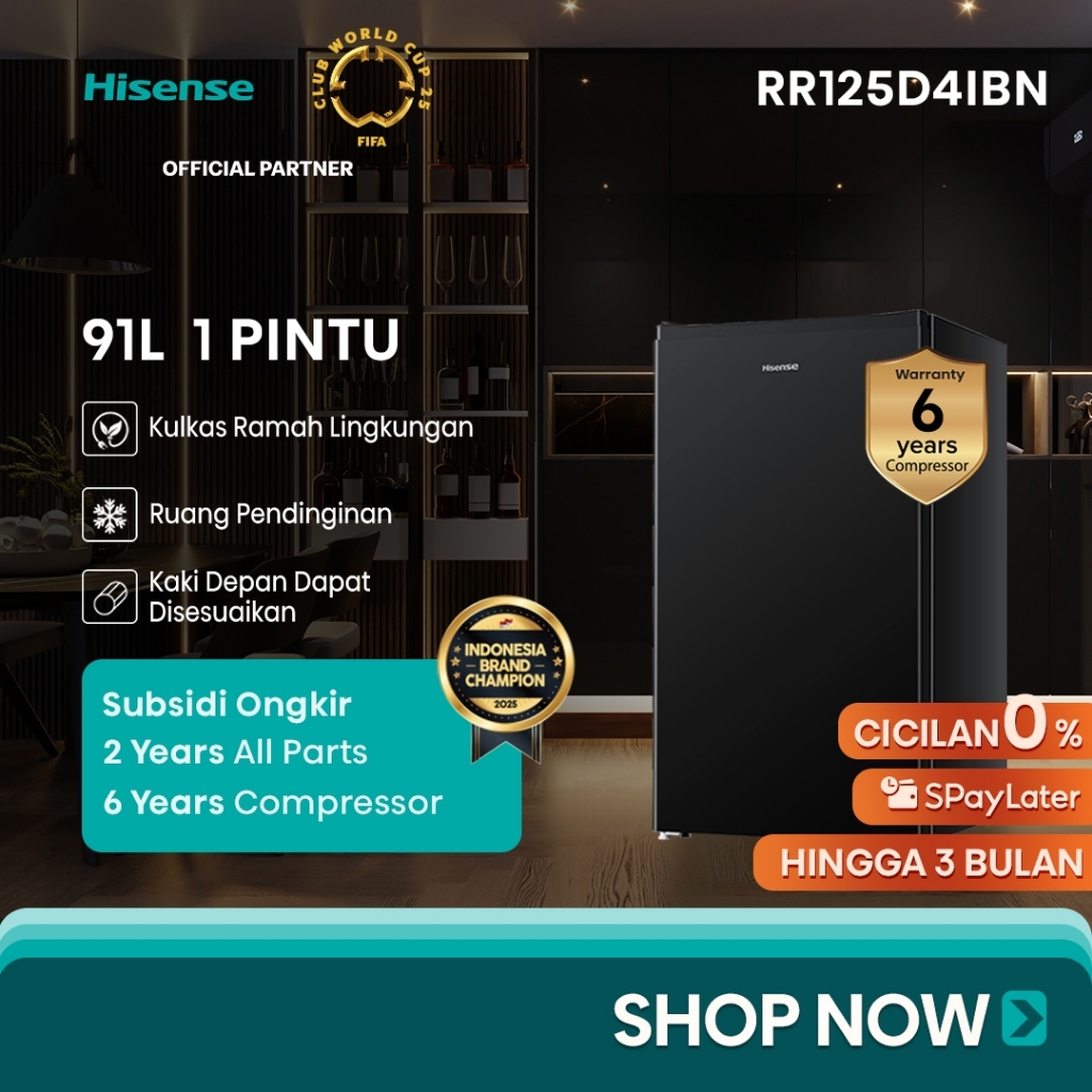 Kulkas Mini Portabel 1 Pintu 100 Liter Kecil Kamar Anak Kos Kantor Garansi Resmi Hisense RR125D4IBN