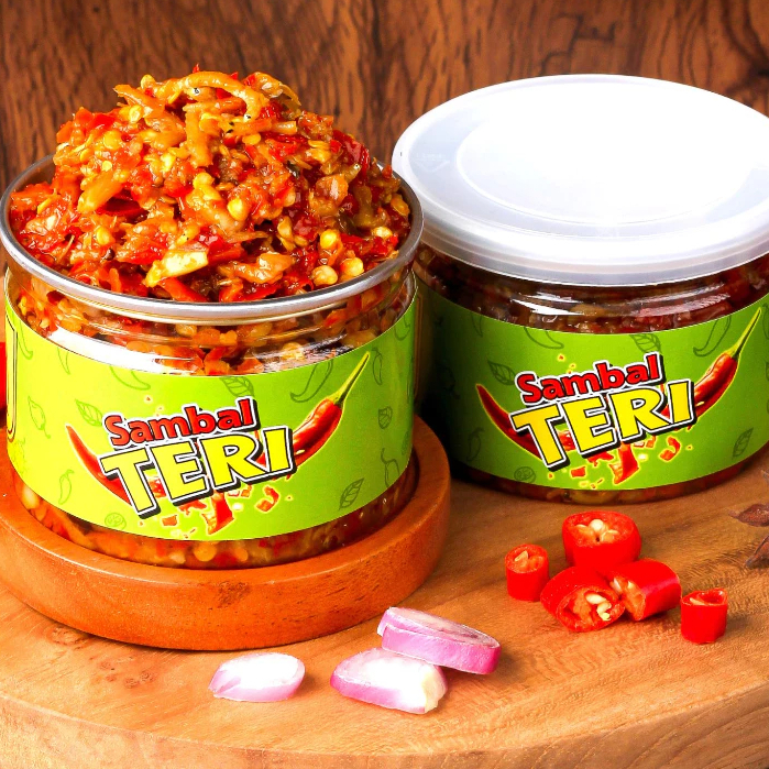 

sambel jadi makanan siap saji praktis instan varian teri medan gurih nikmat pedas nampol kemasan 120 gram