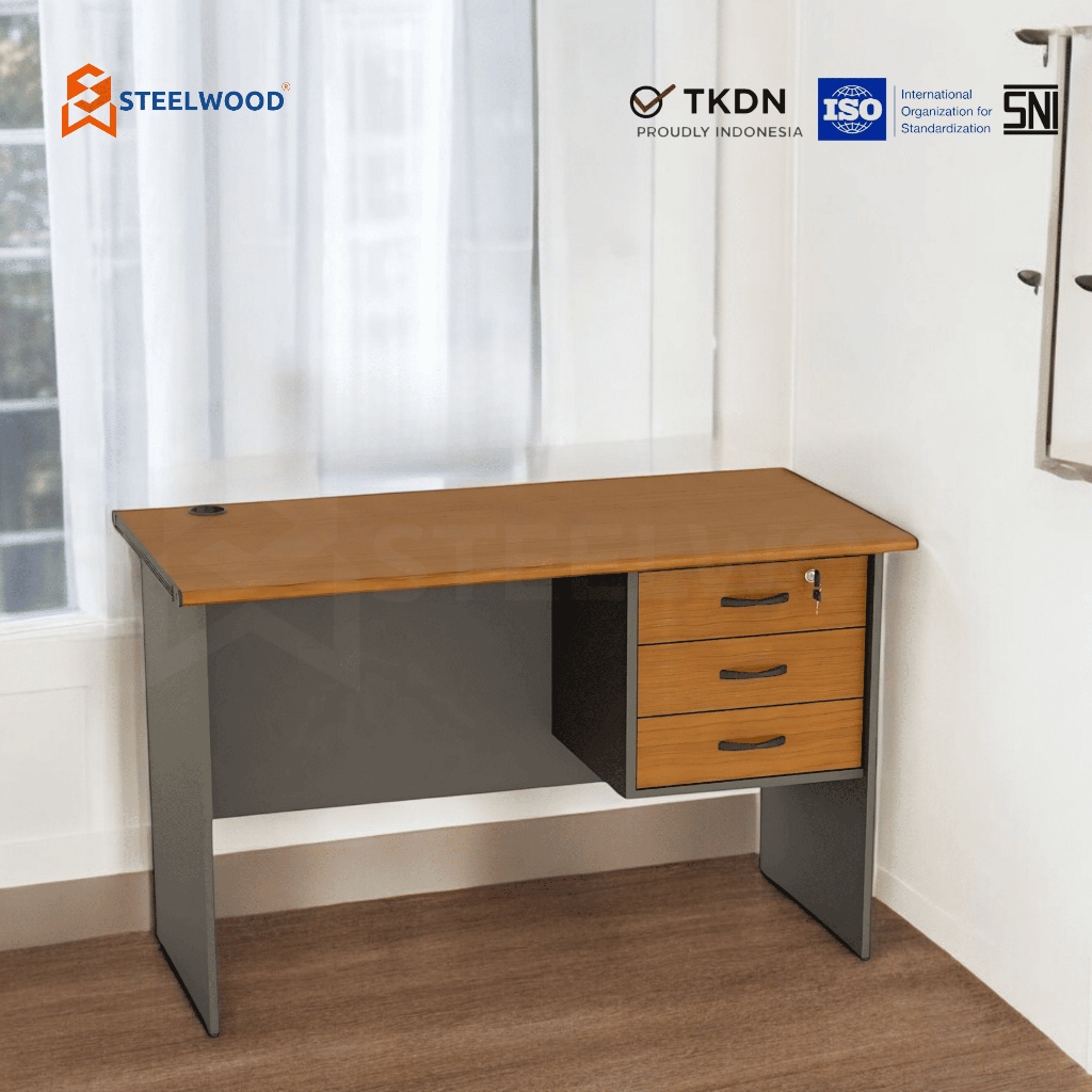 STEELWOOD || MEJA KAYU KANTOR 1/2 BIRO 3 LACI/MEJA KERJA KARYAWAN/MEJA KAYU/LACI MEJA KAYU KOKOH
