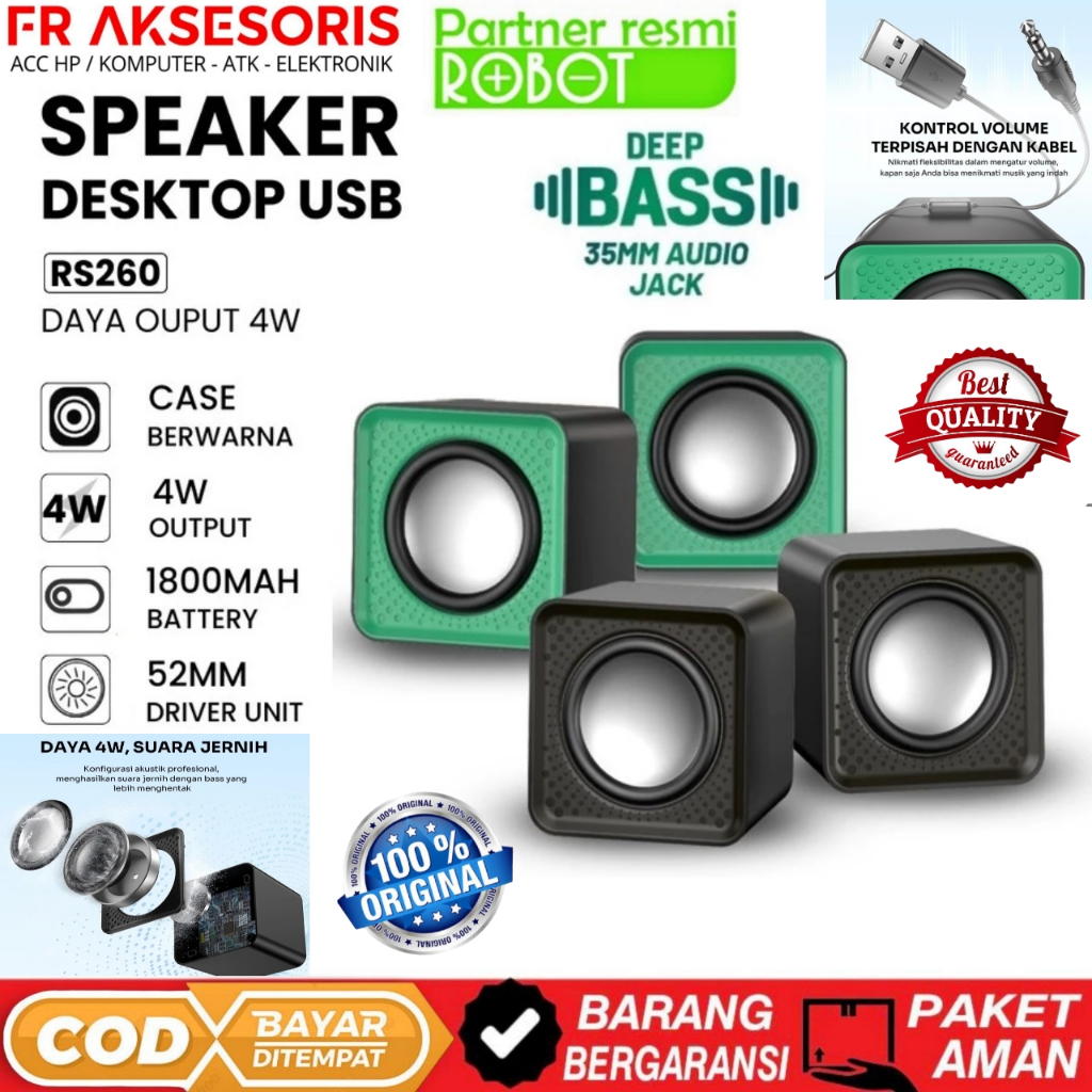 ROBOT RS260 Speaker Komputer Deep Bass jack Aux 3,5mm Audio USB Portable Speaker Gaming Komputer Lap