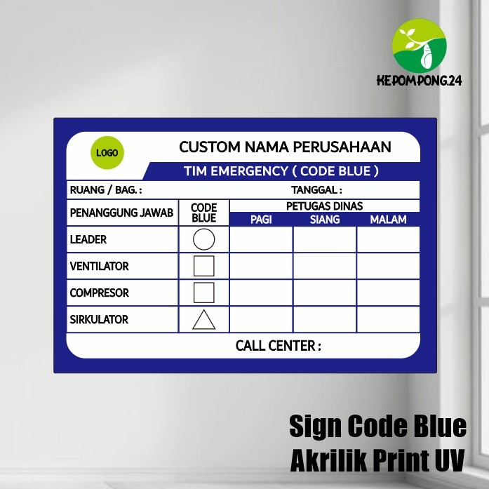 Sign Code Blue Tim Emergency Darurat Akrilik Print UV