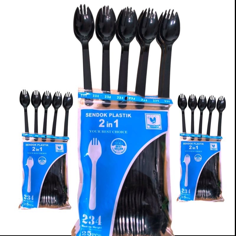 (25pcs) Sendok Plastik 2 in 1/ Sendok Garpu Plastik 2 in 1
