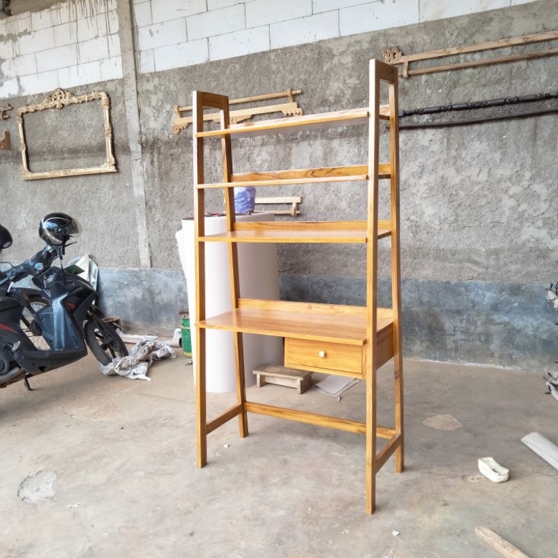meja belajar anak kayu jati, rak buku minimalis