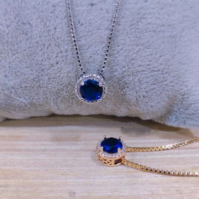 Kalung liontin blue sapphire 10mm