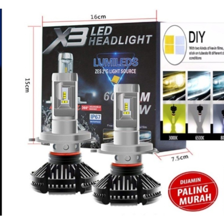 Lampu LED X3 H4 H11 Headlamp Mobil 3 Warna