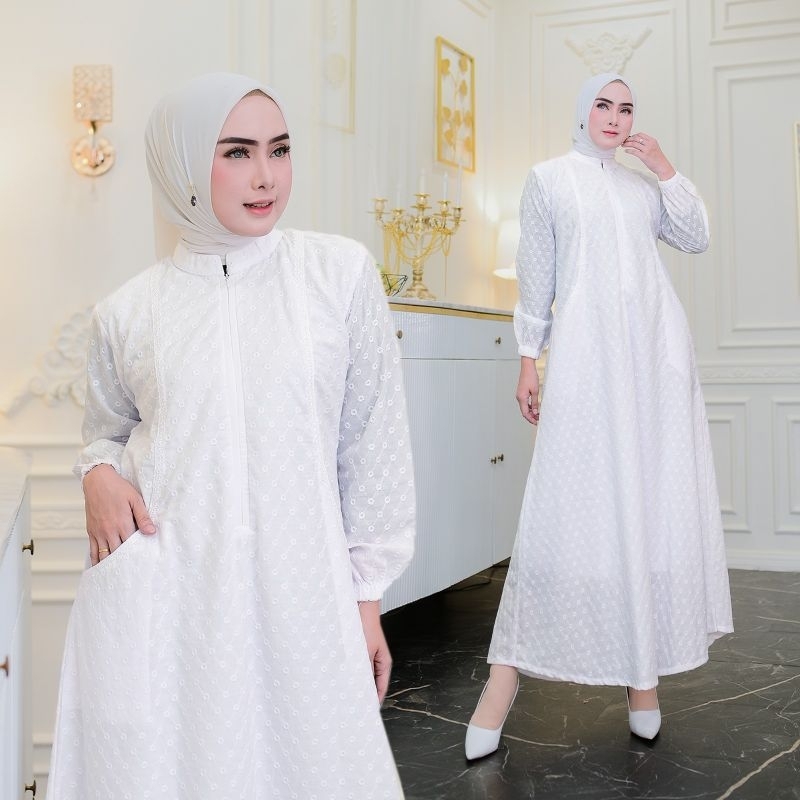 Gamis/dress bordir katun paris / Dress wanita untuk haji & umroh