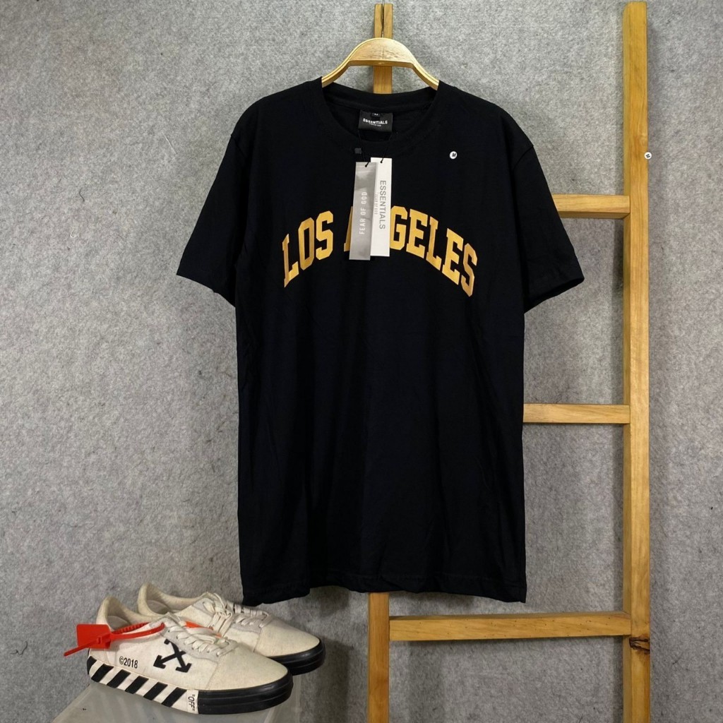 BAJU KAOS TSHIRT ESSENTIALS FOG FEAR OF GOD LA LOS ANGELES YELLOW COLLEGE BLACK