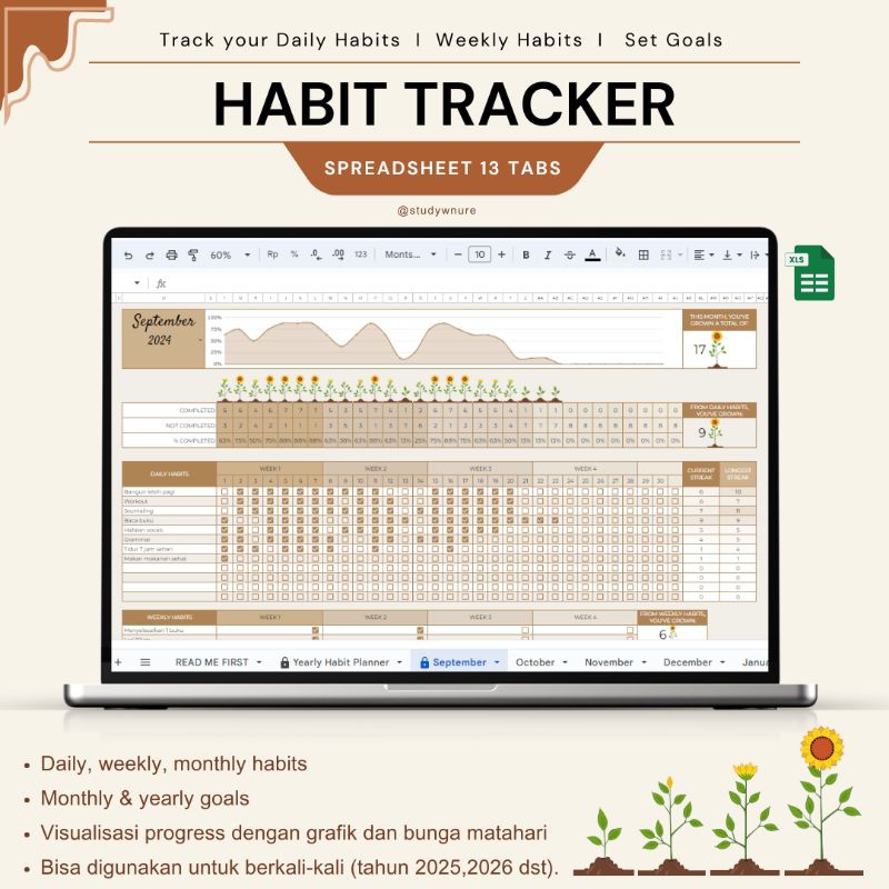

Habit Tracker Spreadsheet Digital Planner Monthly Planner Weekly Planner Life Plan Calender Planner Daily Planner Sunflower Brown Muslim Planner Muslim Tracker
