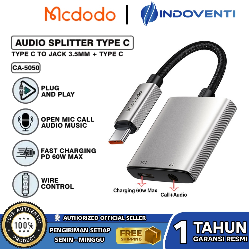MCDODO Converter Audio Splitter Charging Adapter Type C to Audio Jack 3.5mm Type C To Audio Call + T
