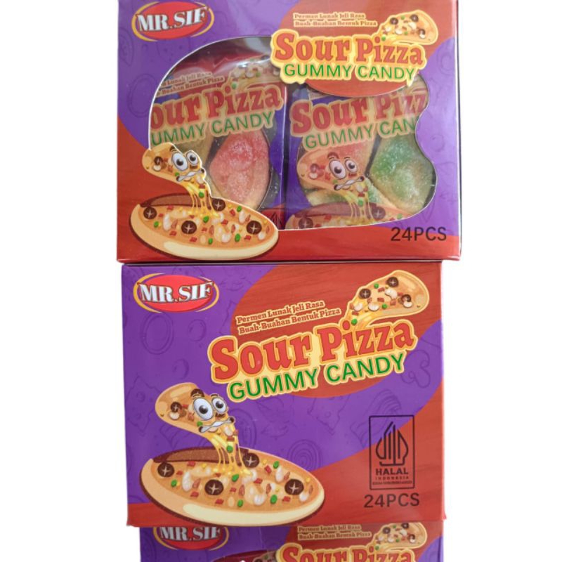 

MR. SIF SOUR PIZZA GUMMY CANDYpermen lunak jelly rasa buah buahan bentuk pizza 9g isi 24 pcs