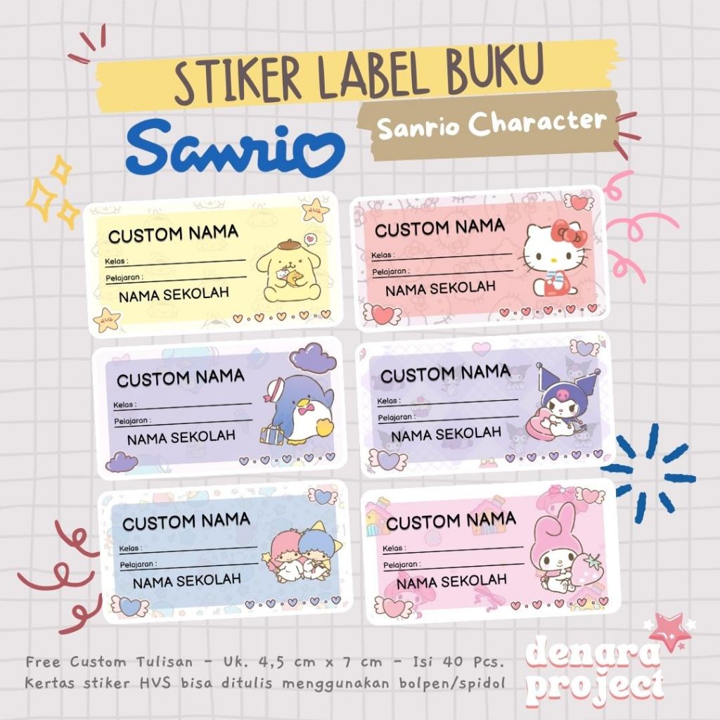 

40 Pcs Stiker Label Nama Buku Sanrio Family - Stiker Nama - Stiker My Melody Kuromi