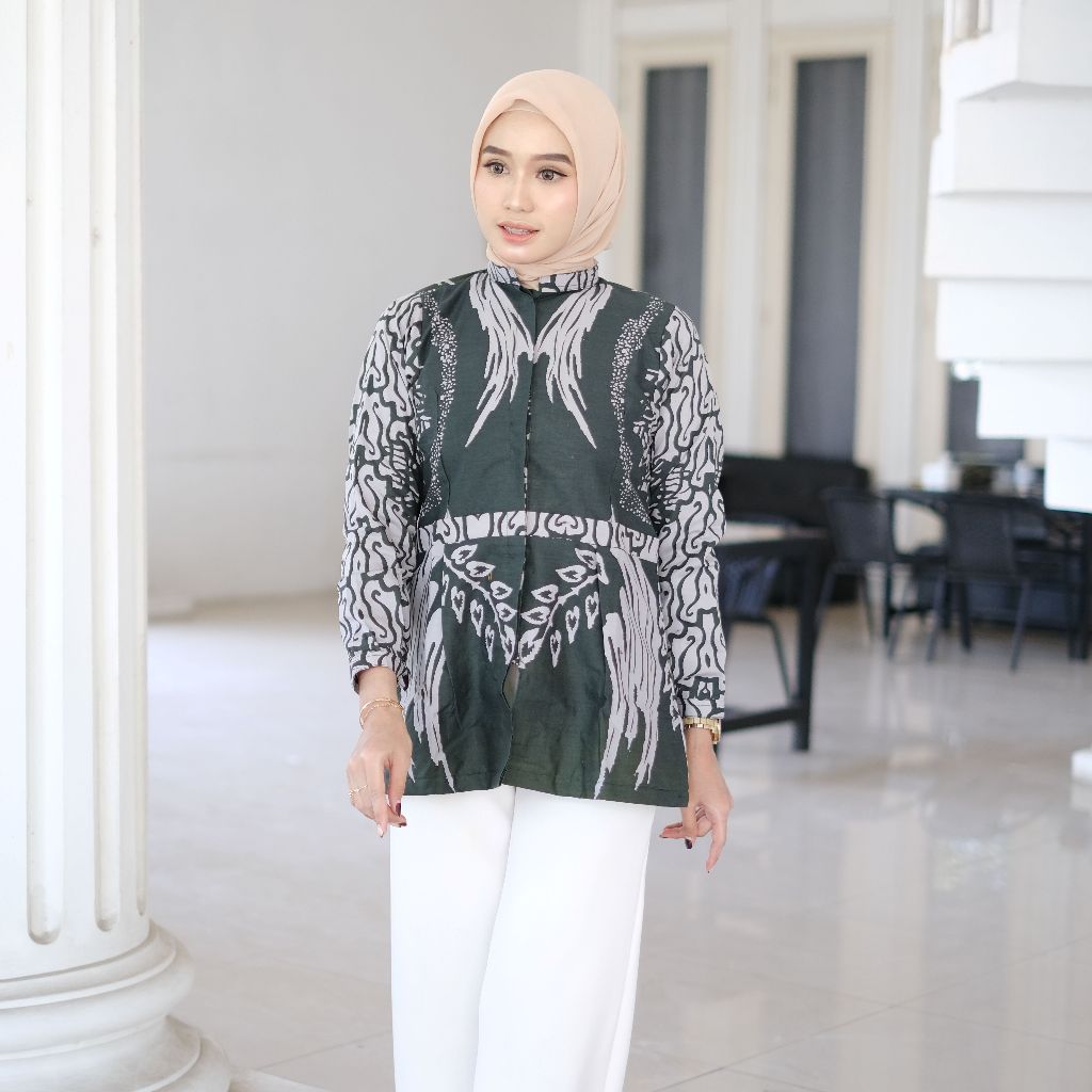 KEMEJA BLOUSE ATASAN KERJA BATIK WANITA ATASAN BLOUSE WANITA BAHAN PRIMIUM WARNA HIJAU BOTOL LAPIS T