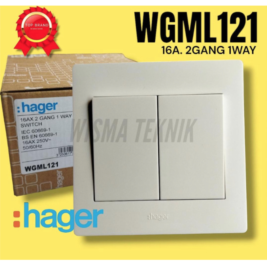 Saklar listrik 2 gang 1 way WGML121 Hager