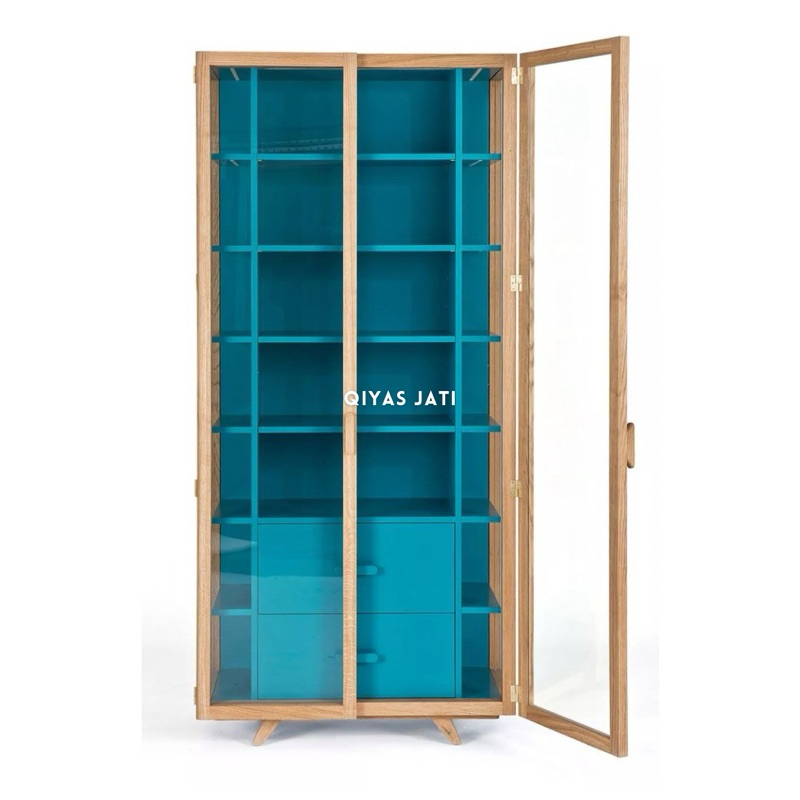 Lemari hias 2 pintu kaca kayu jati lemari pajangan minimalis serbaguna