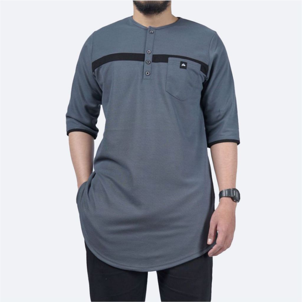 KHOIRUMMAH Kurta Umair Dewasa - Baju Kaos Muslim Pria Dewasa Lengan 3/4 - Grey