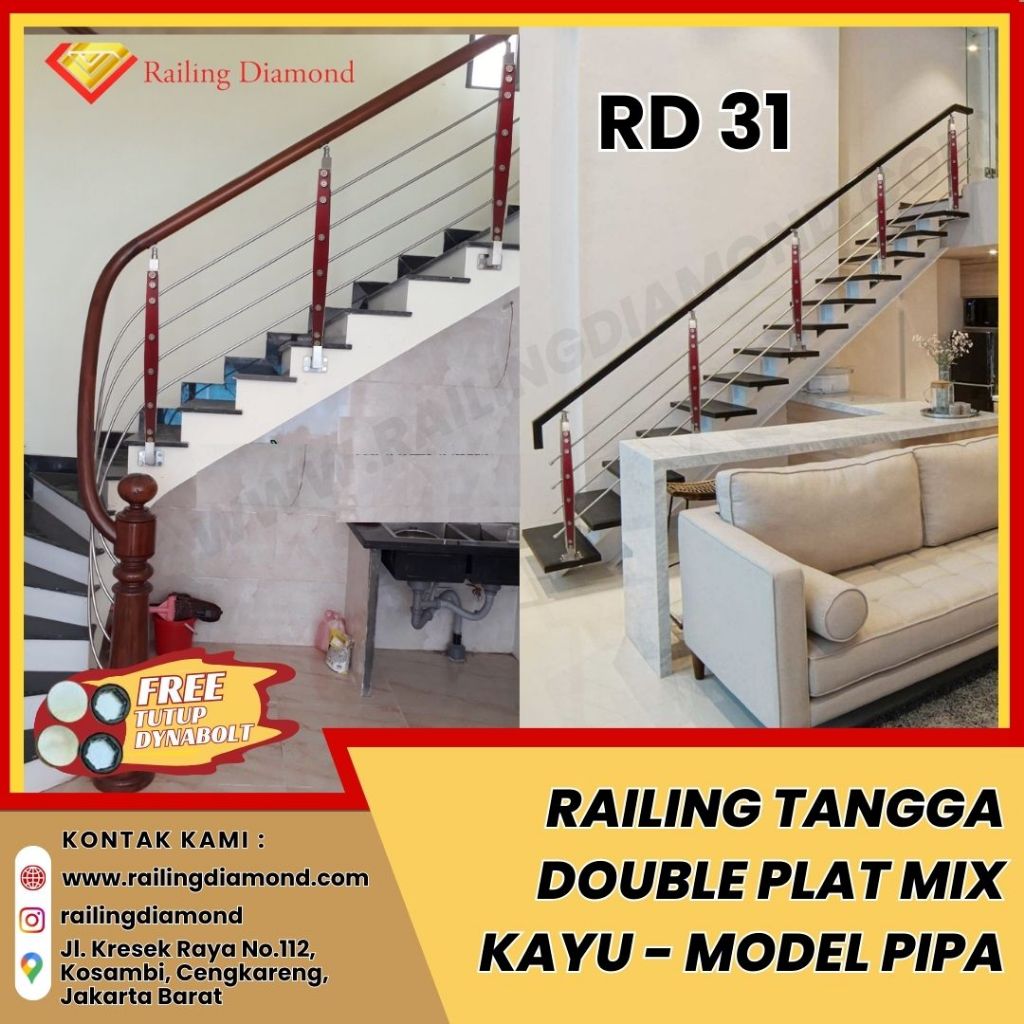 Tiang Railing Tangga Stainless + Kayu RD 31