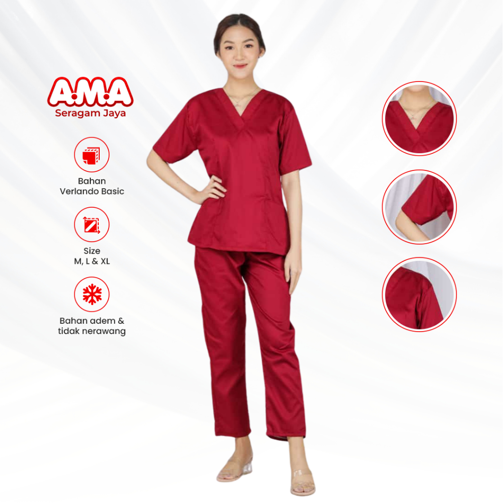 Baju Perawat Wanita Merah Maroon Seragam Oka Jaga Dinas Medis Lengan Pendek Adem Size M L XL