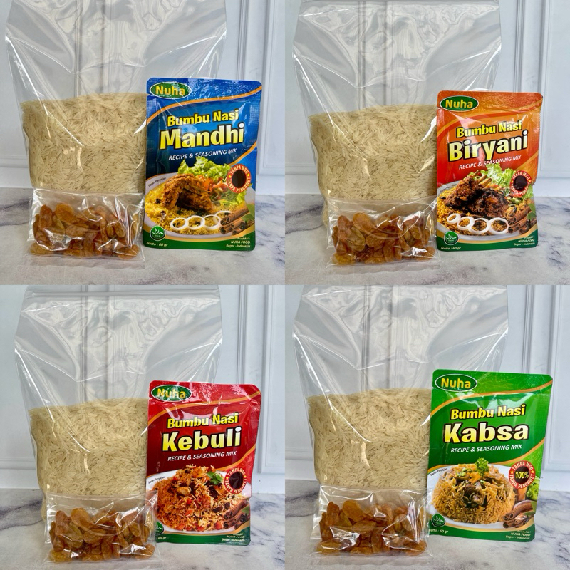 

paket beras basmati 1kg + bumbu instan + kismis