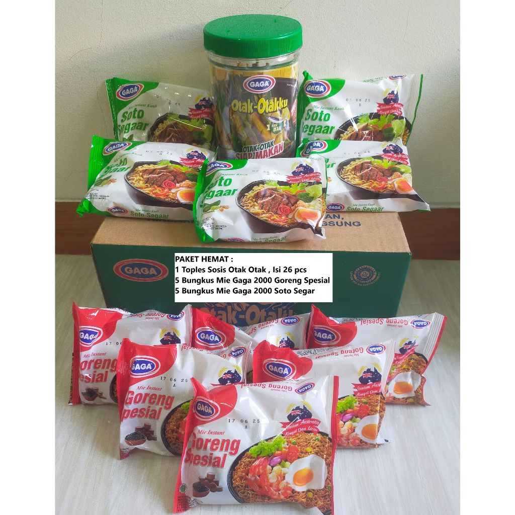 

Paket 11 Bungkus : 1 Toples Sosis Otak Otak 5 Mie Gaga Soto Segar 5 Mie gaga Goreng Spesial