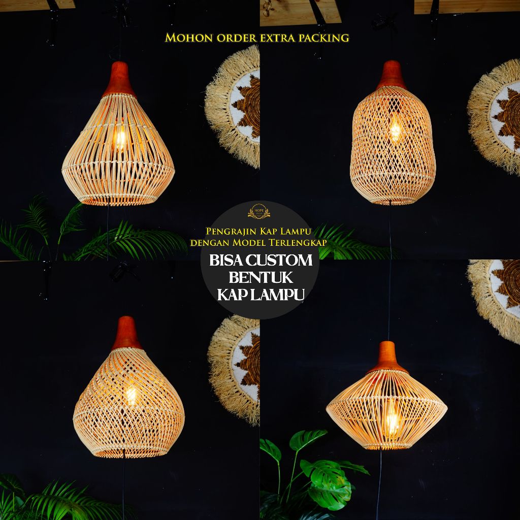 Kap Lampu Gantung Rotan Kombinasi Kayu SEDANG Aesthetic