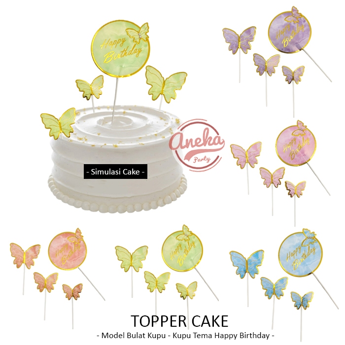 Topper Cake HBD Bulat Kupu Kupu / Hiasan Kue Topper HBD kupu kupu / Cake Topper HBD Kupu kupu Bulat
