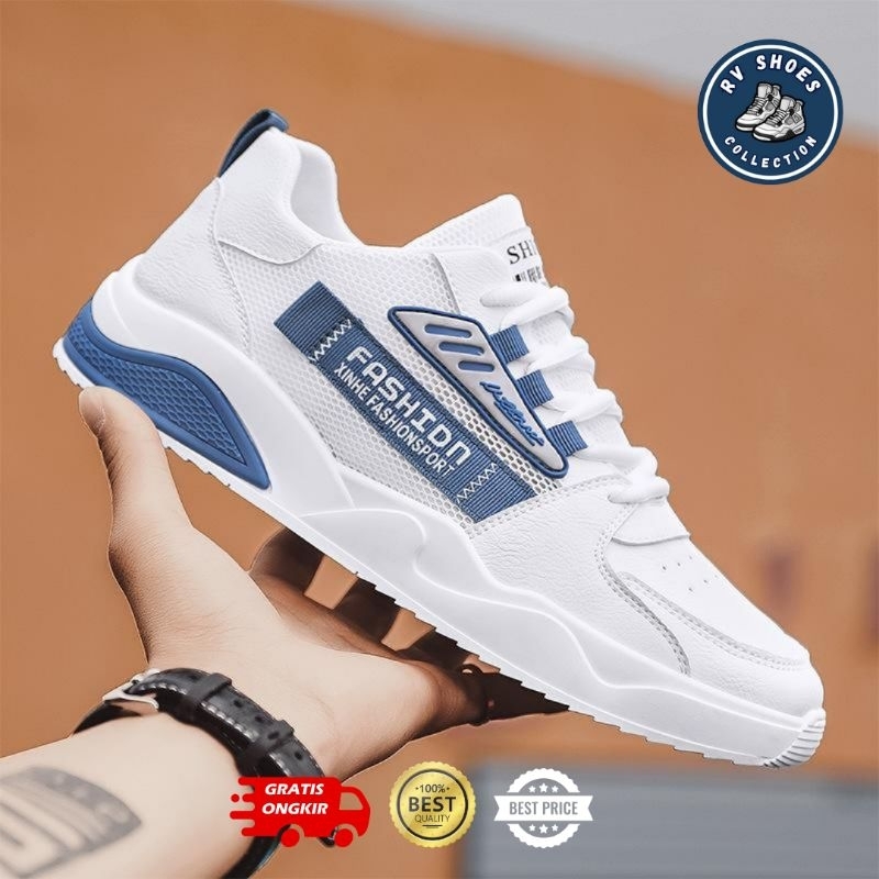 Sepatu Sneakers Pria Bucin Biru Kuning Sport Premium