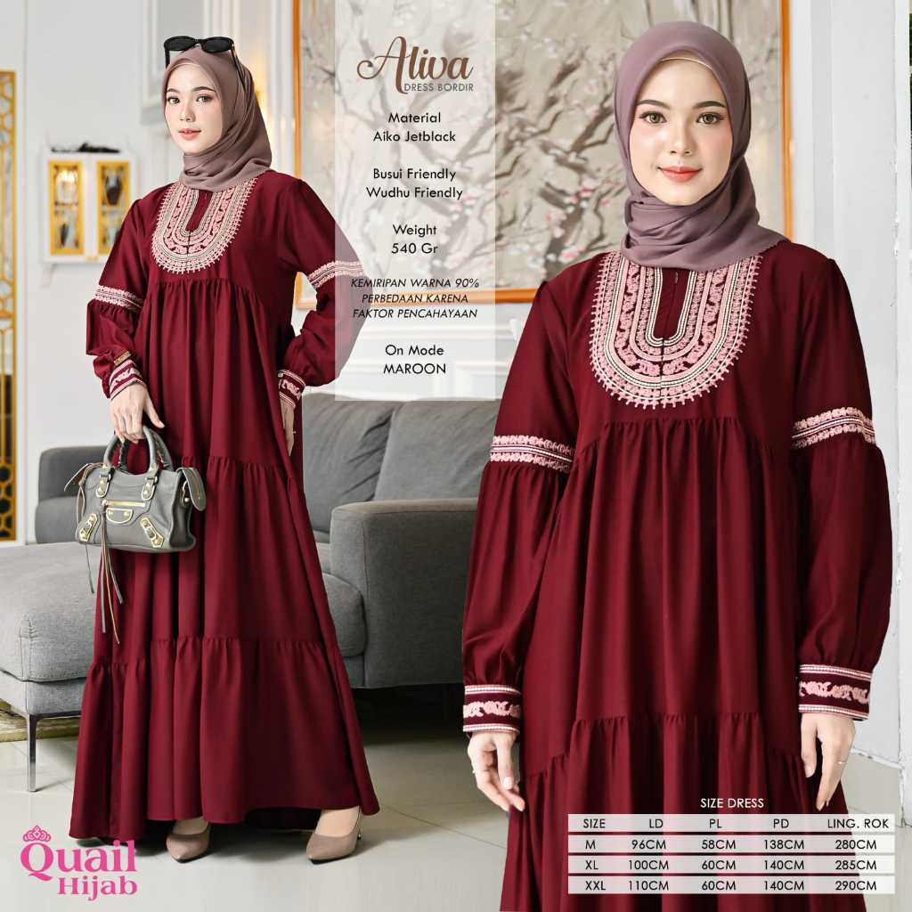 Aliva Dress Original Quail Hijab Dress Bordir Aiko Jetblack Gamis Jetblack Quail Fashion Dress Wanit