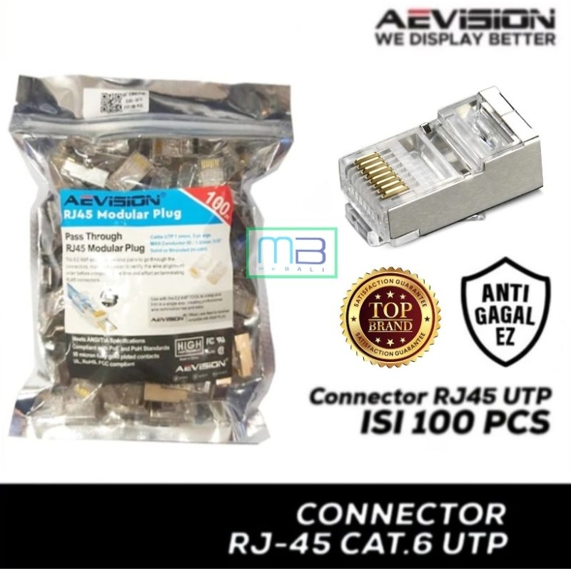 Konektor RJ45 CAT6 UTP METAL AEVISION . Anti Gagal,Kabel Tembus