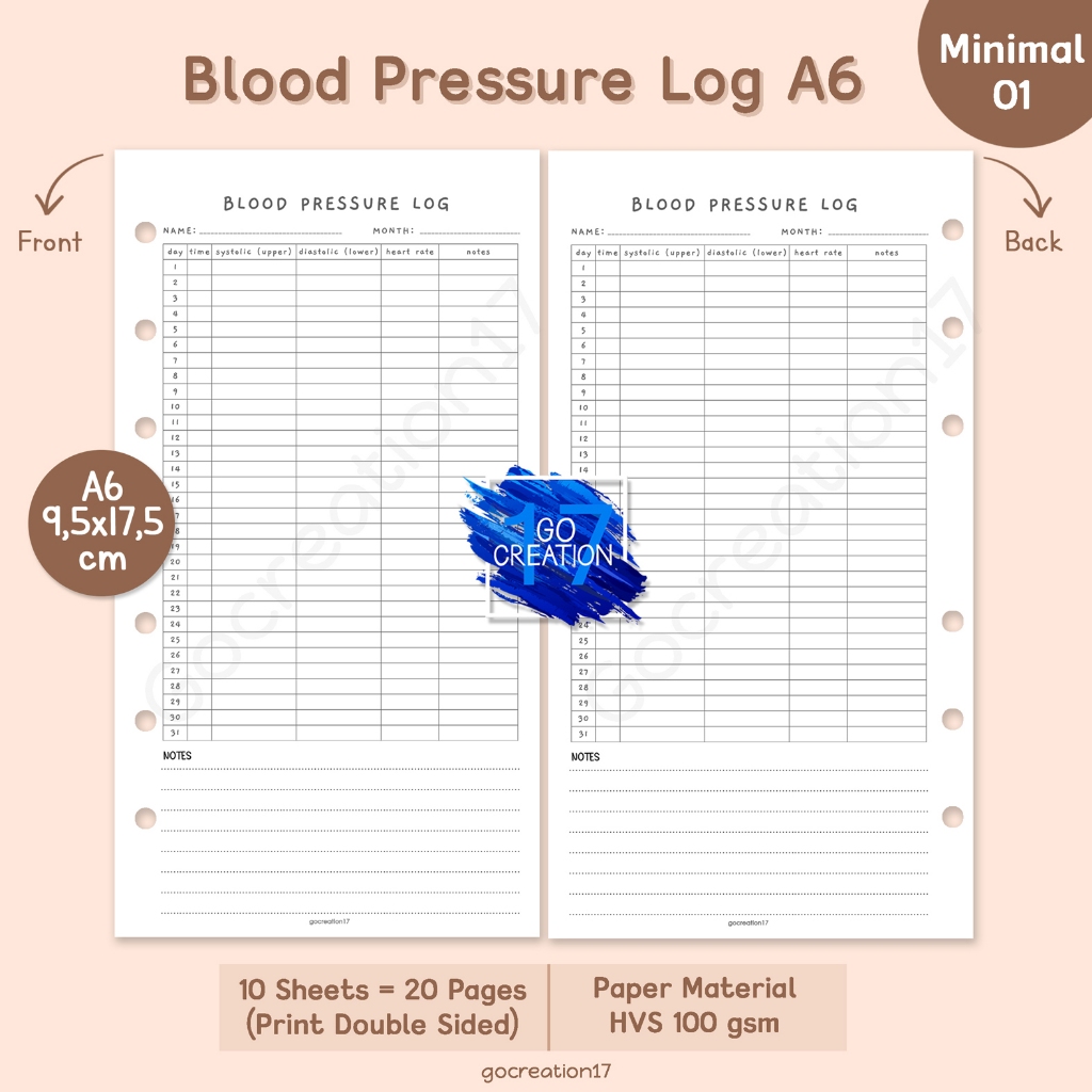 

Buku Planner Refill Kertas Isi Binder Blood Pressure Log Simple Minimalis A6