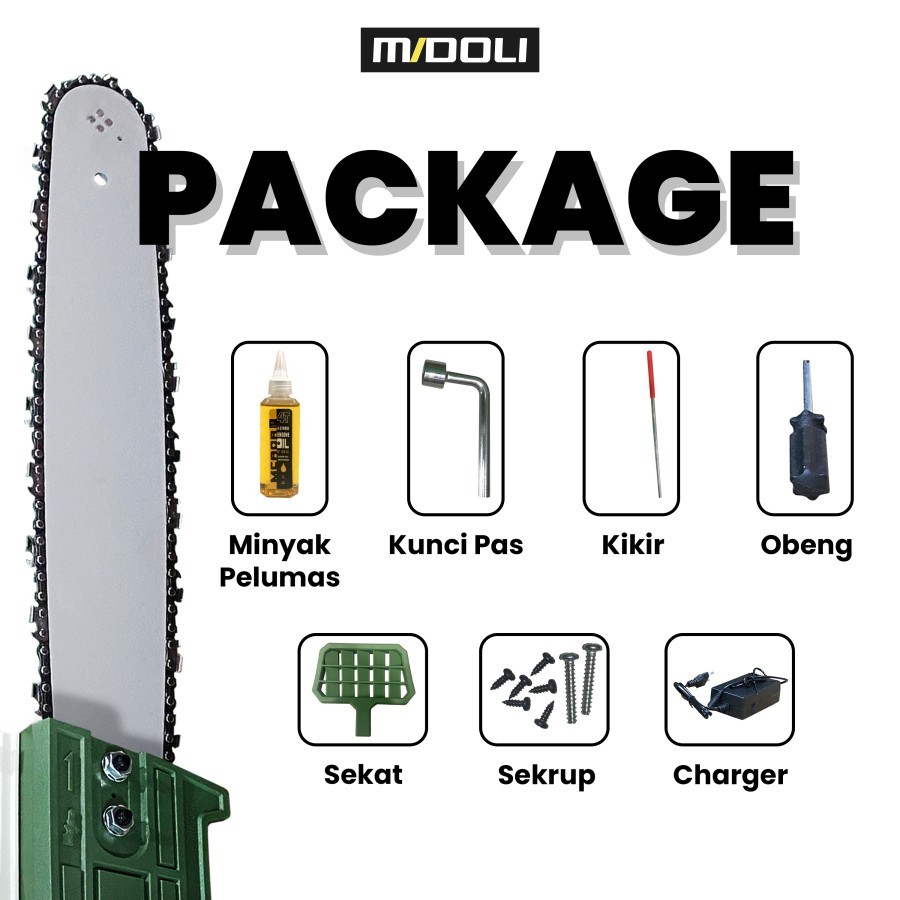 Midoli cordless chainsaw electric mesin gergaji potong kayu dengan batrai ukuran 6-16 inch