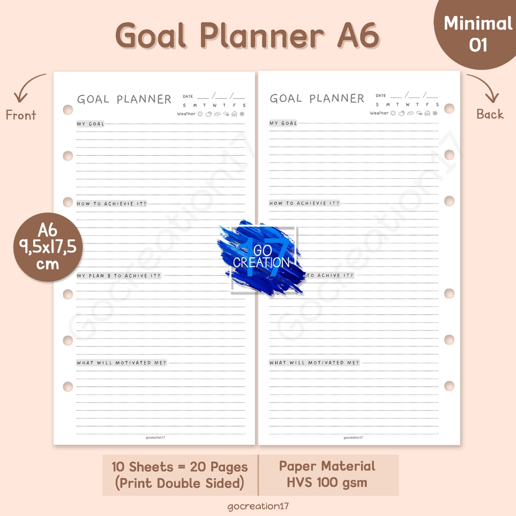 

Buku Planner Refill Kertas Isi Binder Goal Planner Simple Minimalis A6