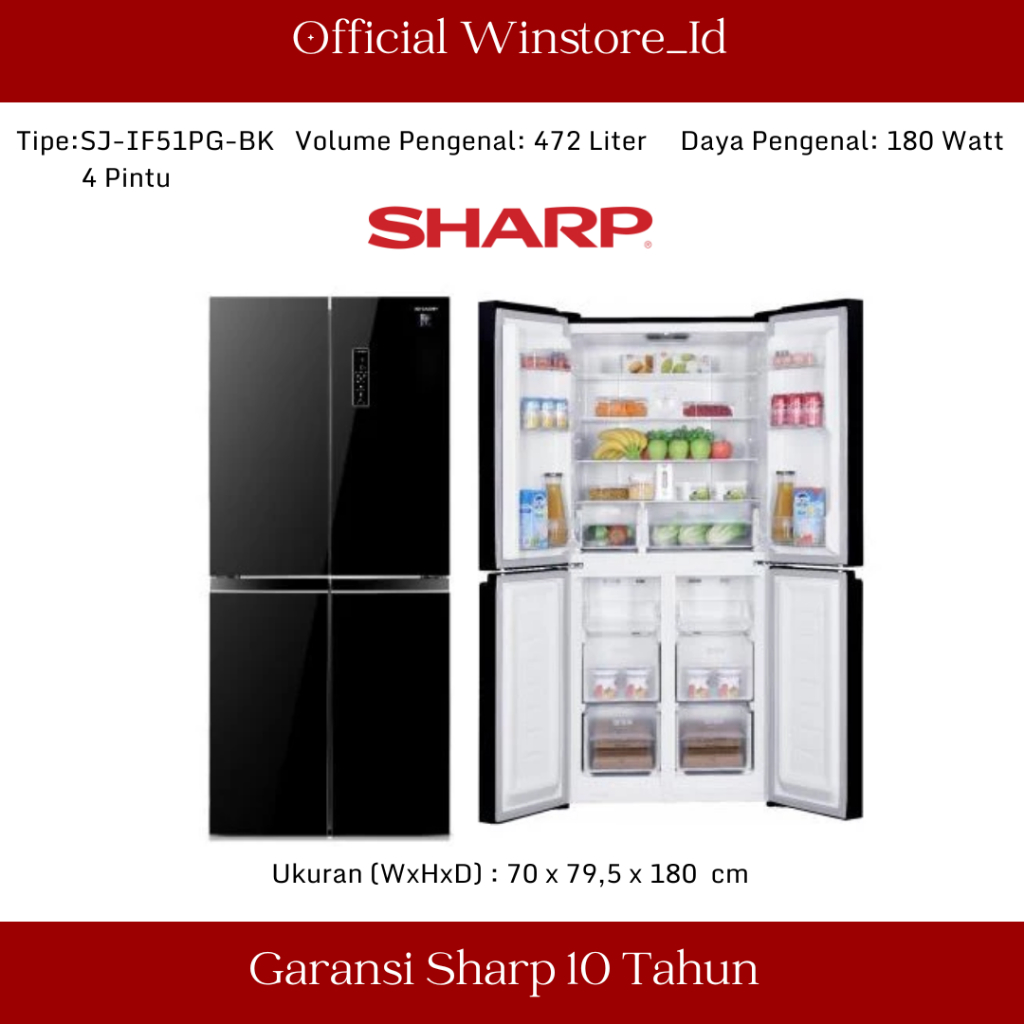 LEMARI ES SHARP 4 PINTU SJ-IF51PG-BK NEW SERIES SJ-IF51 SIDE BY SIDE