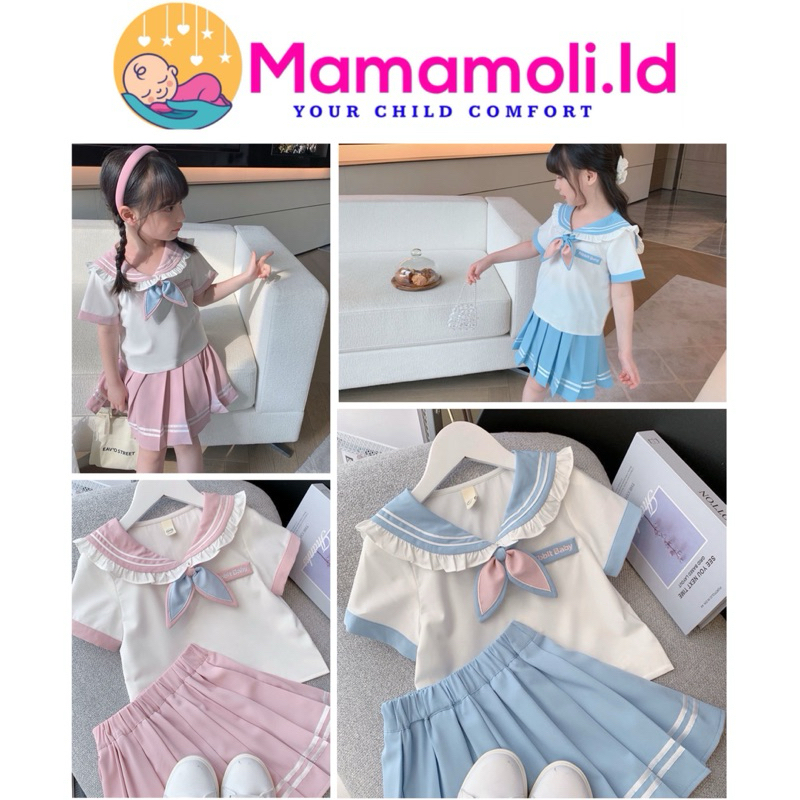 Setelan Fashion Anak Cewek Perempuan One Set 2 in 1 Sailor Ribbon Baju Atasan + Rok Plisket model 3 