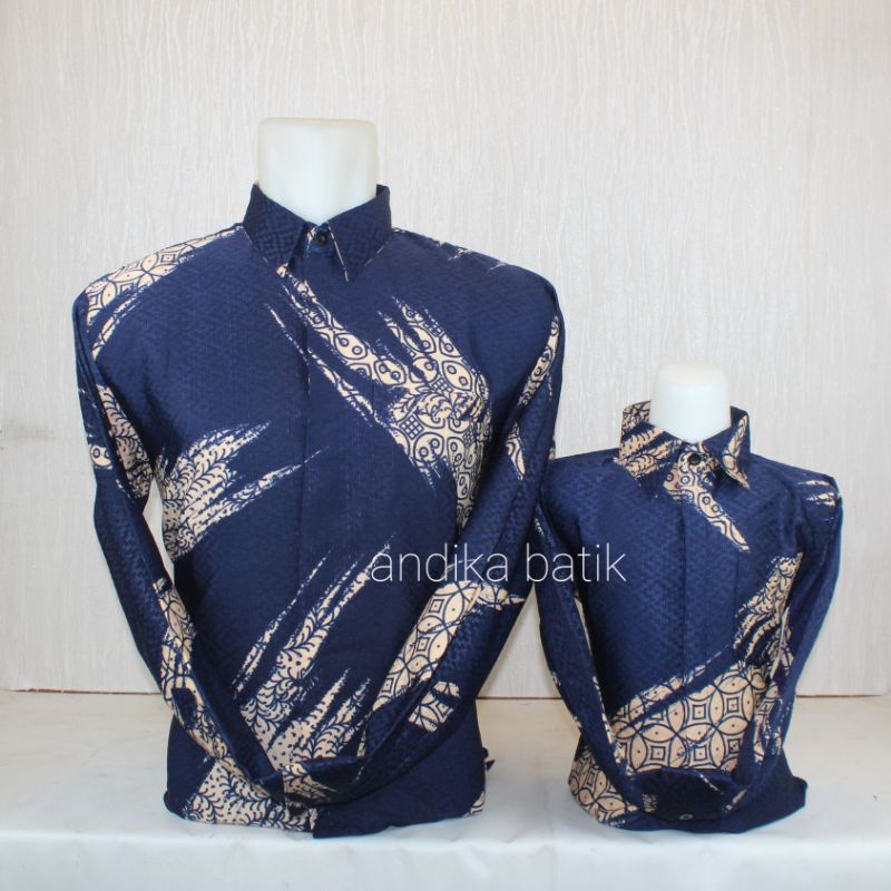 DK60.Kemeja Batik Couple Ayah Dan Anak Warna Biru Navy Bahan Dobi Premium