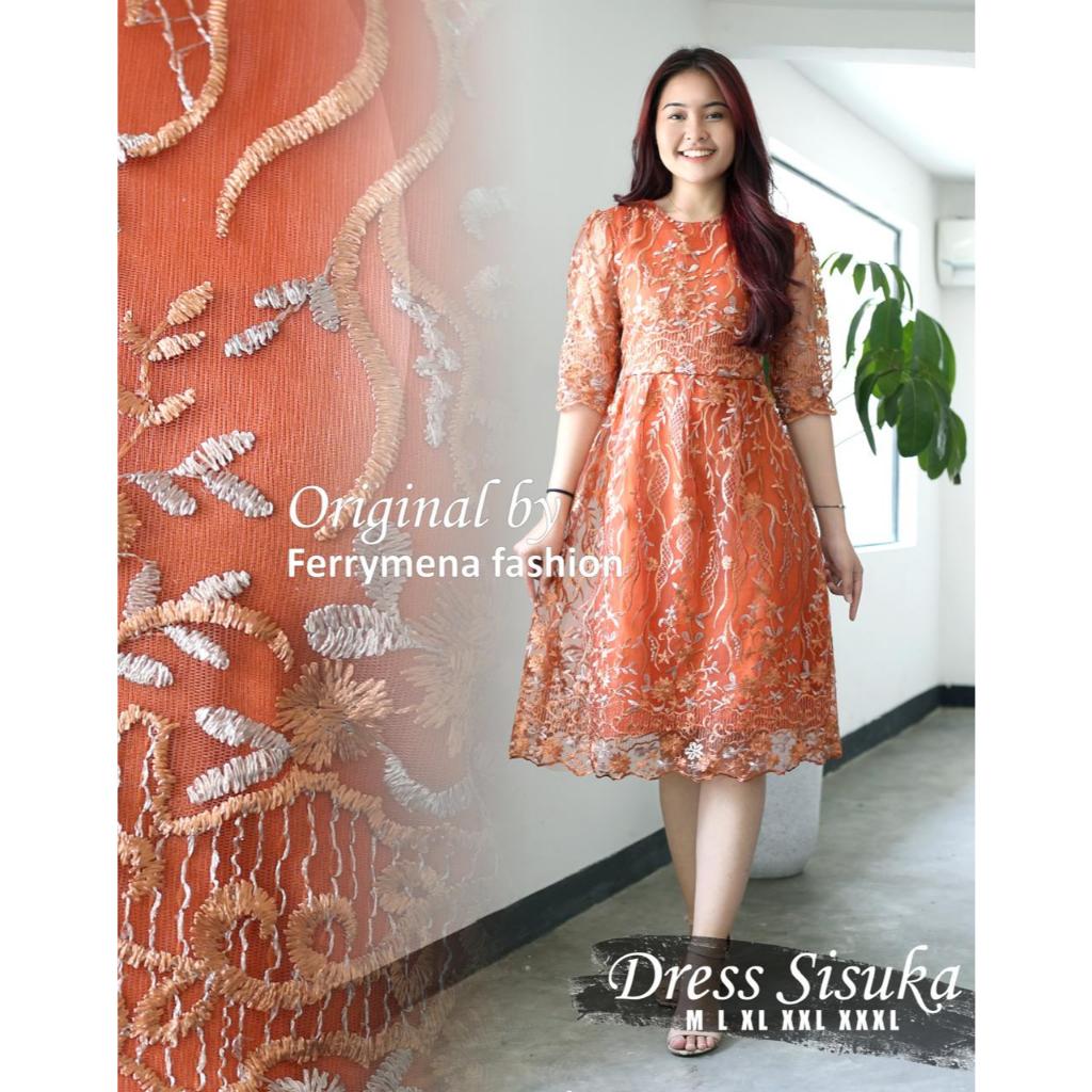 Dress Midi Natal Brokat Pakaian Natal Wanita Gaun Gereja Baju Tahun baru Natal Dress Tuton