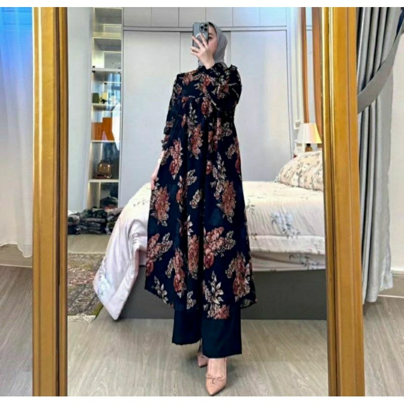 SETCEL STELAN SETELAN CELANA LONG TUNIK MIDI DRESS  KATUN RAYON