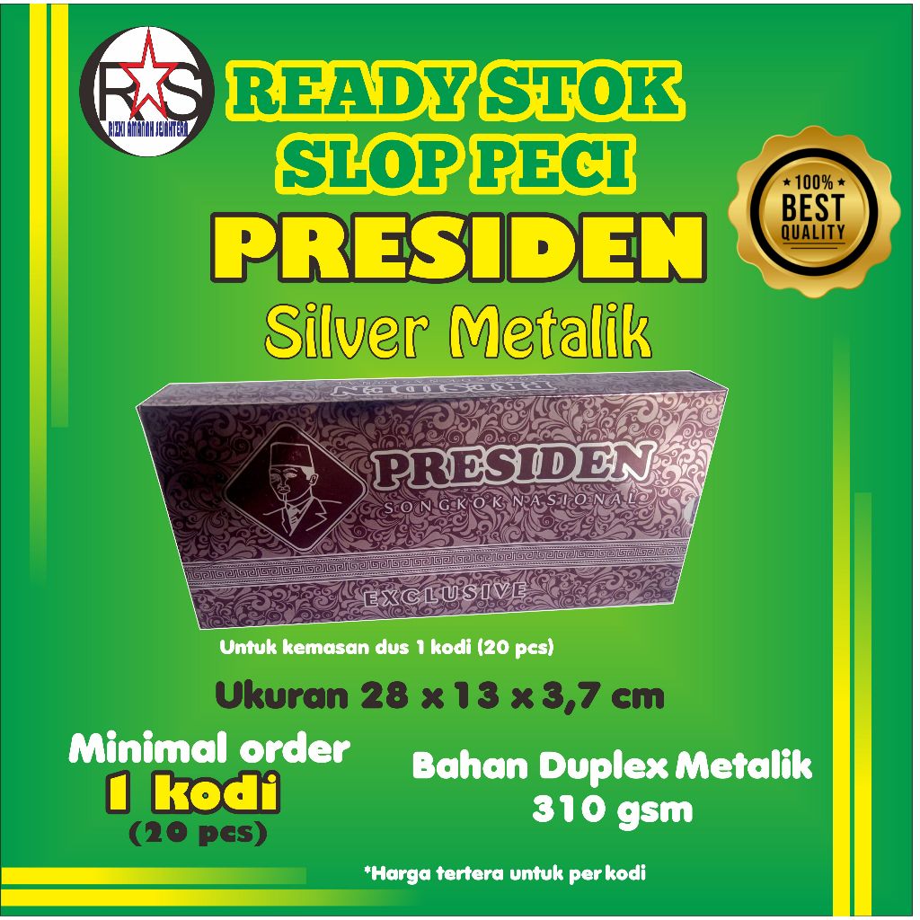 

Dus/Slop-Peci Psd Metalik (Harga untuk 1 kodi/20 pcs) (bahan-Duplek Metalik-310gsm)