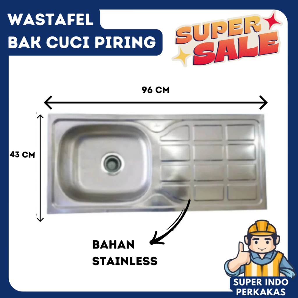 Wastafel cuci piring stainless 1 lubang 96x43 cm
