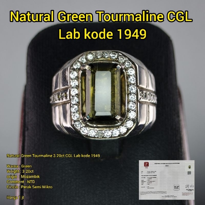 Natural Green Tourmaline 3.20ct CGL Lab kode 1949