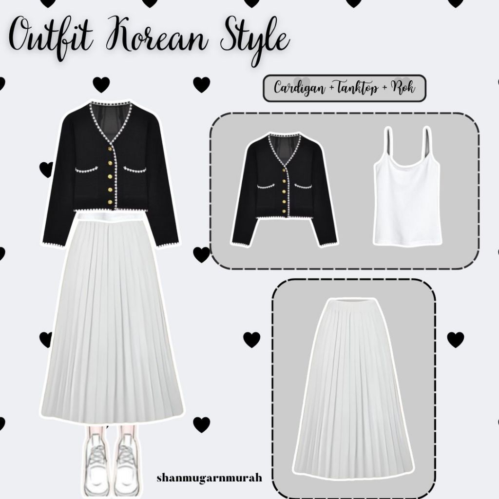 Outfit Nadylne Korean Style OOTD 3IN1 Cardigan Rajut Korea Tanktop Putih Rok Plisket Kecil