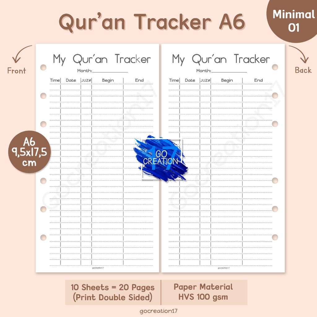 

Buku Planner Refill Kertas Isi Binder Quran Tracker Simple Minimalis A6